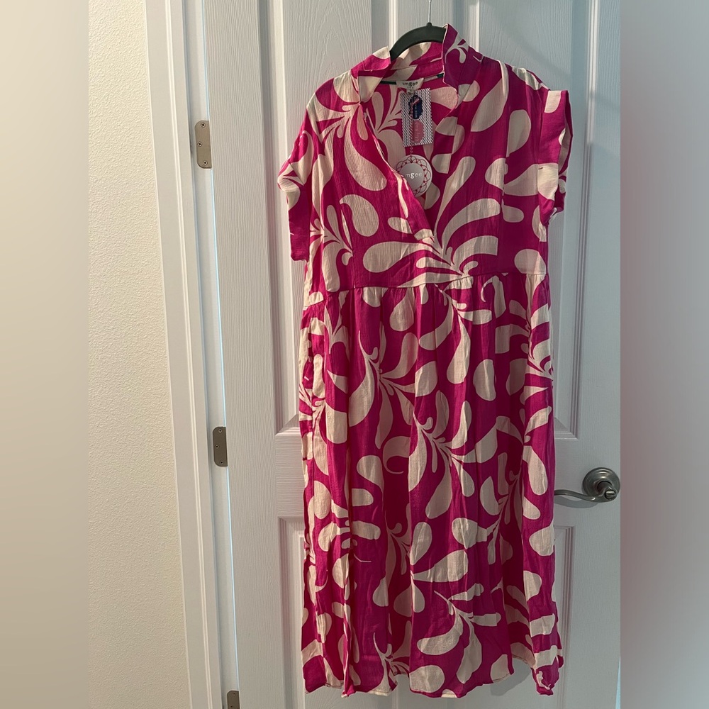 Leaf Print Collared Folded Sleeve Midi Dress -Pink